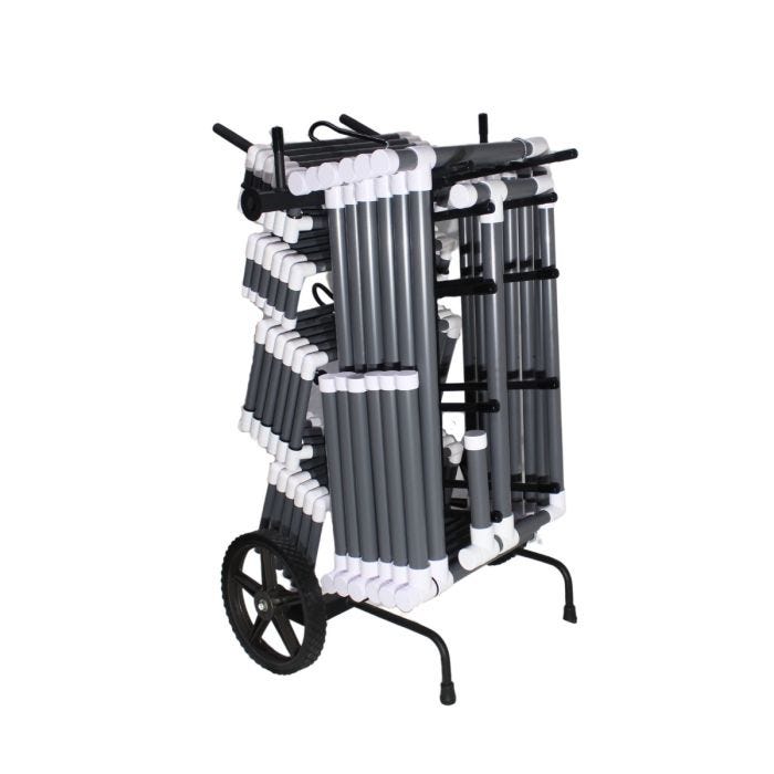 A storage cart filled with various agility and training hurdles, showing an organized method for transporting equipment. A storage cart filled with various agility and training hurdles, showing an organized method for transporting equipment.
