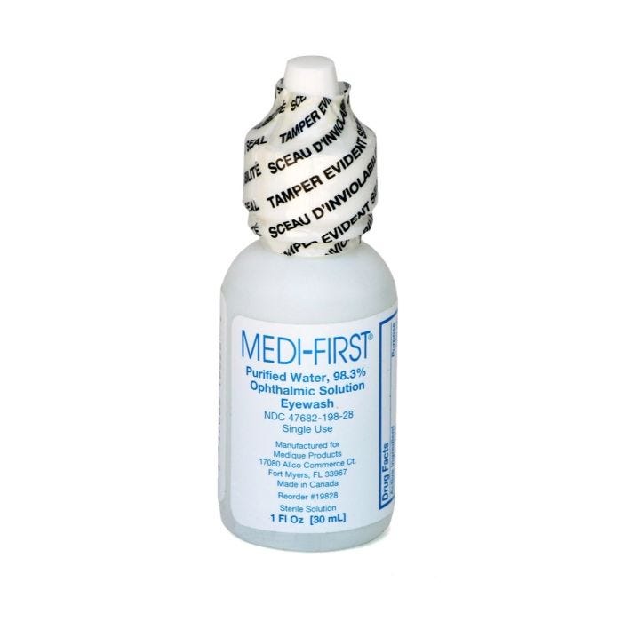White bottle of MEDI-FIRST Purified Water, 98.3% Ophthalmic Solution Eyewash, sealed with tamper evident seal. White bottle of MEDI-FIRST Purified Water, 98.3% Ophthalmic Solution Eyewash, sealed with tamper evident seal.