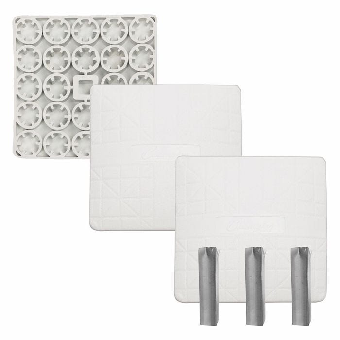 The 3 white molded rubber base set with (1)base down side view designed with circular groves for firmer use in longer run included with 3 steel male ground anchors The 3 white molded rubber base set with (1)base down side view designed with circular groves for firmer use in longer run included with 3 steel male ground anchors