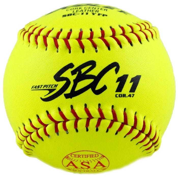 Yellow fast pitch softball with red stitching; labeled SBC 11 COR.47; ASA certified Yellow fast pitch softball with red stitching; labeled SBC 11 COR.47; ASA certified