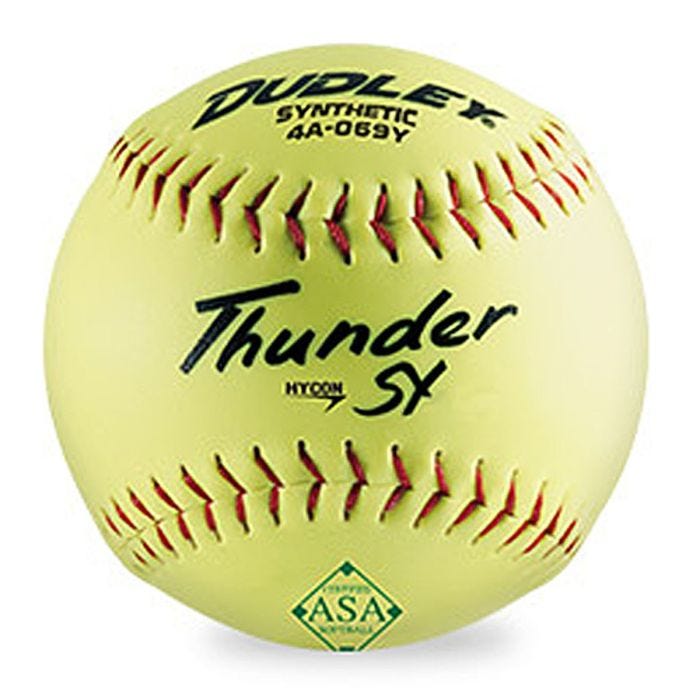 Yellow Dudley Thunder SY synthetic softball with red stitching and ASA certification stamp. Yellow Dudley Thunder SY synthetic softball with red stitching and ASA certification stamp.
