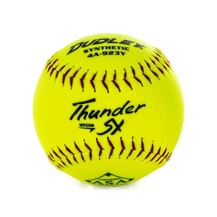 Dudley Thunder SY yellow synthetic softball with red stitching, Hycon logo, and ASA certification marking. Dudley Thunder SY yellow synthetic softball with red stitching, Hycon logo, and ASA certification marking.