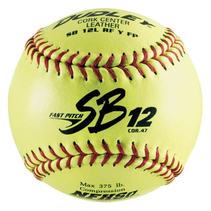 Dudley SB12 fast pitch yellow leather softball with red stitching, cork center, COR.47, and NFHS stamp. Dudley SB12 fast pitch yellow leather softball with red stitching, cork center, COR.47, and NFHS stamp.