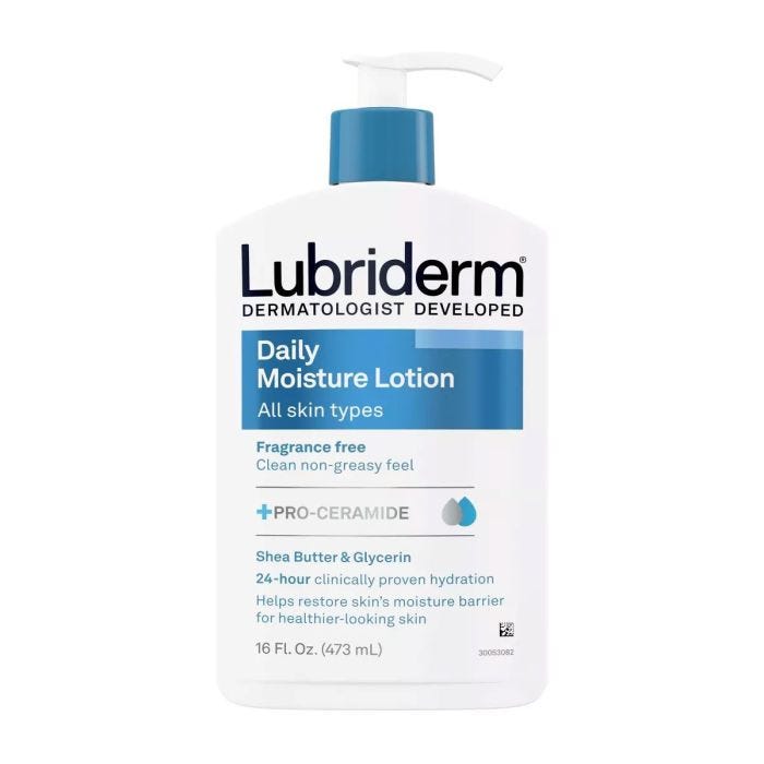 White bottle with blue and black words saying Lubriderm Daily Moisture Lotion, Fragrance Free, 16 fl oz. White bottle with blue and black words saying Lubriderm Daily Moisture Lotion, Fragrance Free, 16 fl oz.