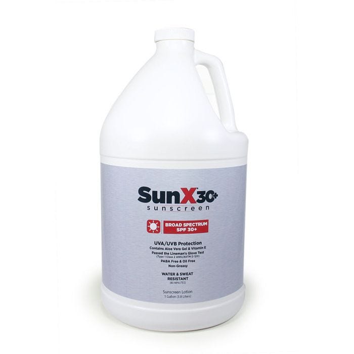 White Gallon Bottle Gray Label SunX30. White Gallon Bottle Gray Label SunX30.