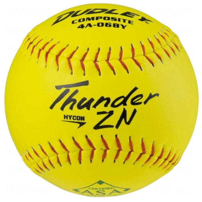 Dudley Thunder ZN Hycon composite softball in optic yellow with red stitching; ASA certified. Dudley Thunder ZN Hycon composite softball in optic yellow with red stitching; ASA certified.