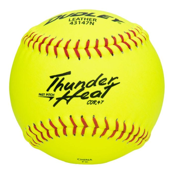 Dudley Thunder Heat leather fast pitch softball with optic yellow cover; red stitching; and COR .47 marking. Dudley Thunder Heat leather fast pitch softball with optic yellow cover; red stitching; and COR .47 marking.