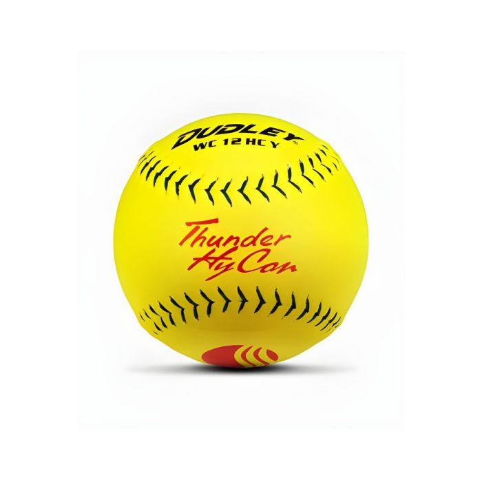 Dudley Thunder HyCon WC 12 HCY softball featuring an optic yellow cover; red Thunder HyCon logo; and black arrow-style stitching. Dudley Thunder HyCon WC 12 HCY softball featuring an optic yellow cover; red Thunder HyCon logo; and black arrow-style stitching.