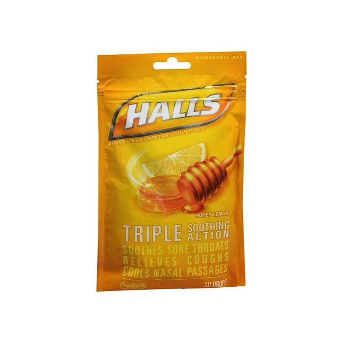 Front view of package of 30 Halls Honey-Lemon Cough Drops 