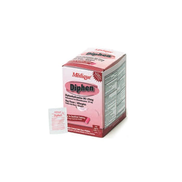 a box of Medique Diphen diphenhydramine hci 25mg easy to swallow caplets for hay fever and allergies with a small packet featured outside of the box. 200 packets a box of Medique Diphen diphenhydramine hci 25mg easy to swallow caplets for hay fever and allergies with a small packet featured outside of the box. 200 packets