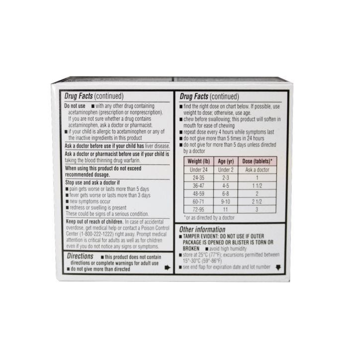 Back view of package of 24 Children's Strength Chewable Tablets Acetaminophen (Compare to active ingredients of Tylenol)