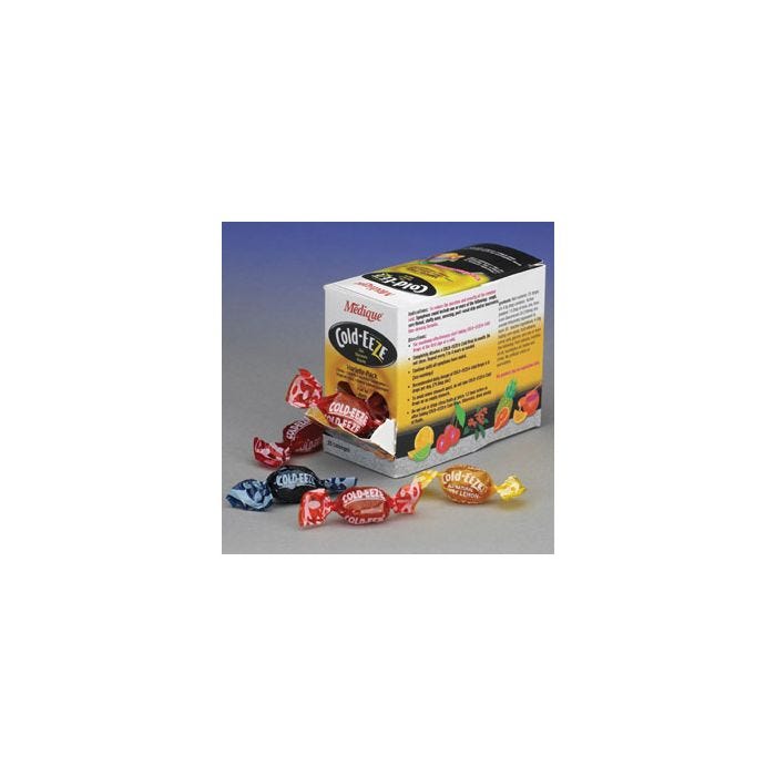 an open box of cold eeze throat lozenges with variety of cold eeze lozenges flavors displayed towards the front of the box an open box of cold eeze throat lozenges with variety of cold eeze lozenges flavors displayed towards the front of the box