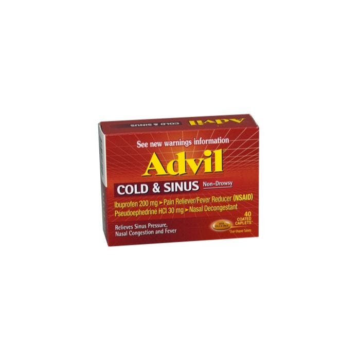 Front view of non- drowsy Advil cold and sinus caplets for sinus headache, nasal congestion and fever relief. 40 coated caplets in box. Front view of non- drowsy Advil cold and sinus caplets for sinus headache, nasal congestion and fever relief. 40 coated caplets in box.