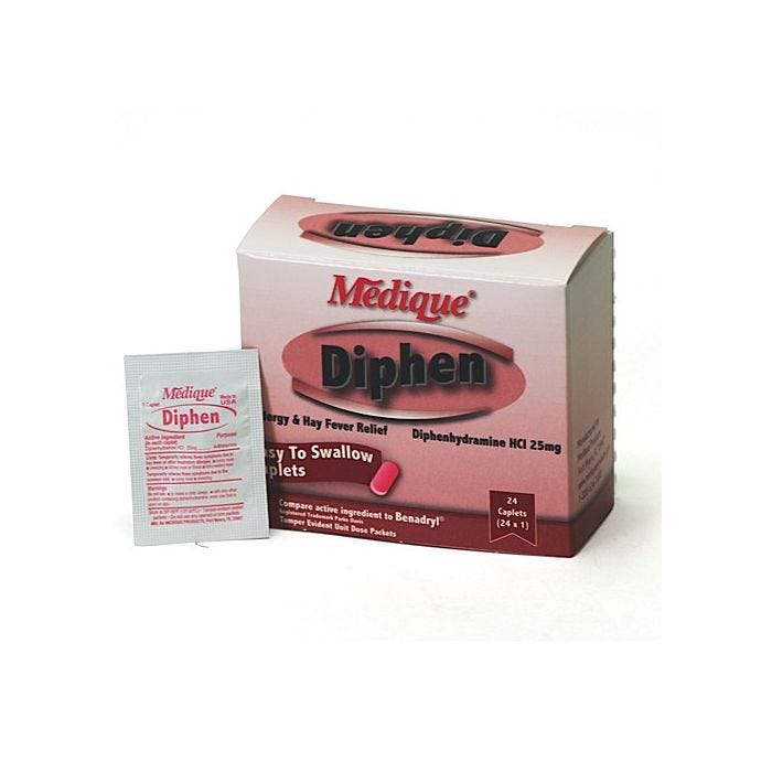 Medique Diphen Allergy & Hay Fever Relief, Diphenhydramine HCI 25mg, Easy to Swallow Caplets, Compare active ingredients to Benadryl, Tamper Evident Unit Dose Packets, 24 caplets (24 x 1) Medique Diphen Allergy & Hay Fever Relief, Diphenhydramine HCI 25mg, Easy to Swallow Caplets, Compare active ingredients to Benadryl, Tamper Evident Unit Dose Packets, 24 caplets (24 x 1)