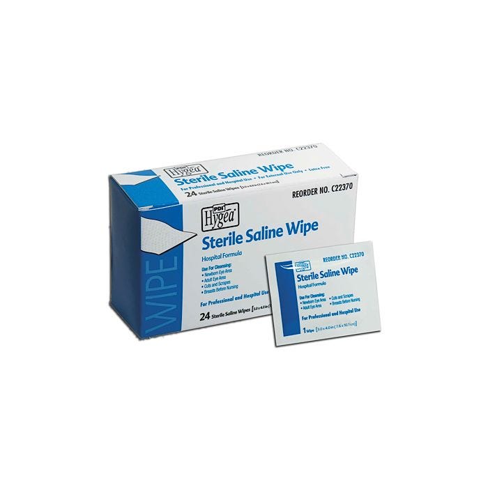Front view of box of 24 Hygea Sterile Saline Wipes Front view of box of 24 Hygea Sterile Saline Wipes