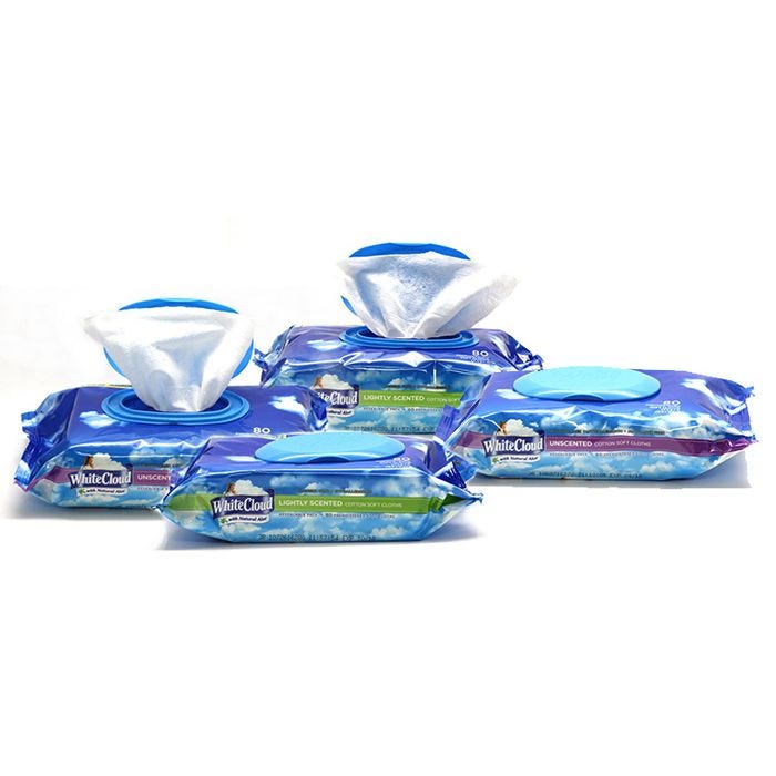Front view of packages of 80 White Cloud Baby Wipes Front view of packages of 80 White Cloud Baby Wipes