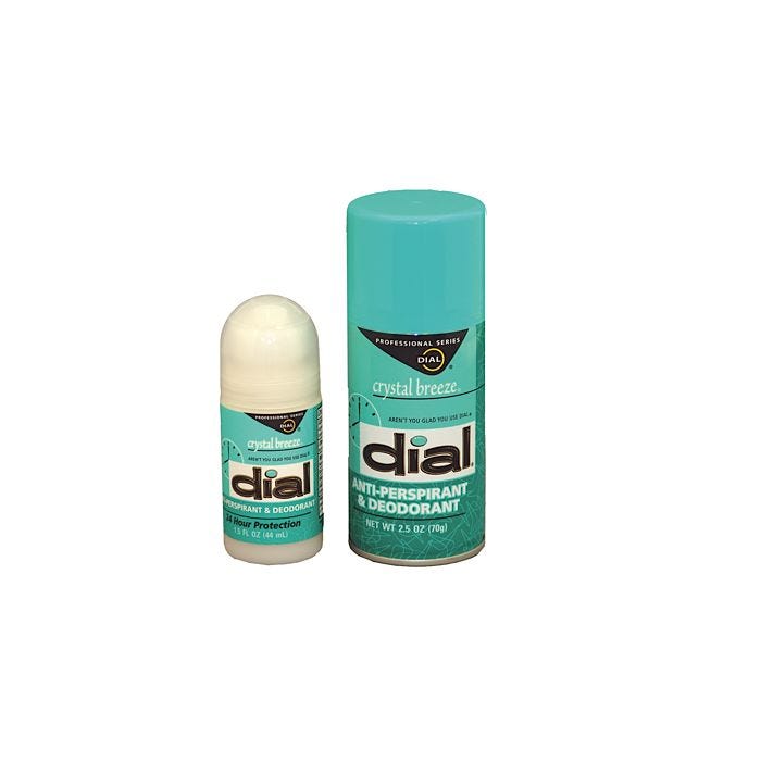 Front view of Dial Anti-Perspirant deoderant in 2.5 oz. aerosol can and Dial deodorant anti-perspirant roll-on 1.5 oz. Provides 24 hour protection, Crystal Breeze scent Front view of Dial Anti-Perspirant deoderant in 2.5 oz. aerosol can and Dial deodorant anti-perspirant roll-on 1.5 oz. Provides 24 hour protection, Crystal Breeze scent