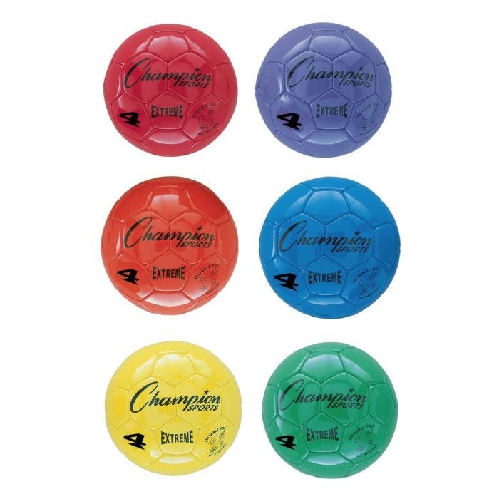 A set of six Champion Sports Extreme soccer balls in red; orange; yellow; green; blue; and purple. Each ball is labeled "4 Extreme" A set of six Champion Sports Extreme soccer balls in red; orange; yellow; green; blue; and purple. Each ball is labeled "4 Extreme"