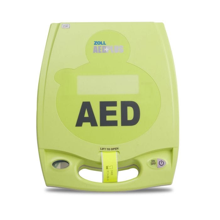 Front view of Zoll AED Plus Semi-Automatic Defibrillator, a light green colored AED on a white background. Front view of Zoll AED Plus Semi-Automatic Defibrillator, a light green colored AED on a white background.