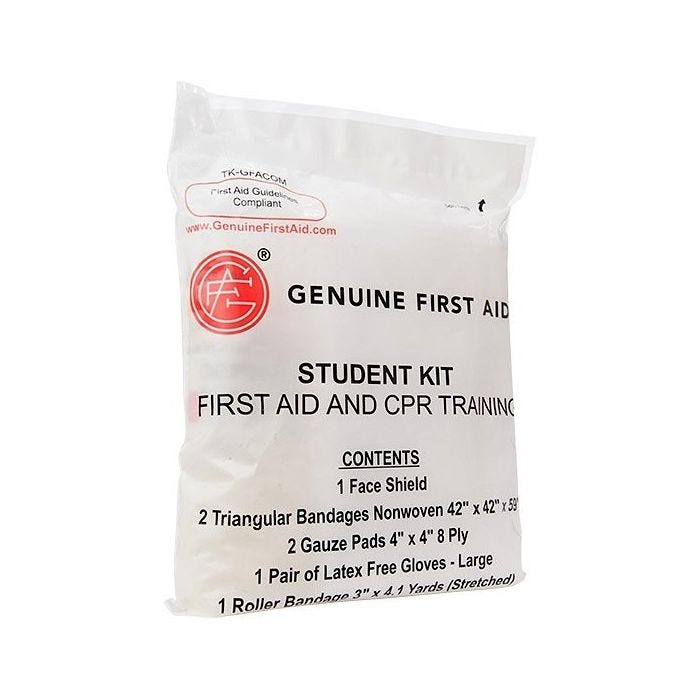 Student CPR and Training Kit with 1 Face Shield, 2 Nonwoven Triangular Bandages (42" x 42" x 59"), 2 Gauze Pads (4" x 4"), 1 Pair Large Latex Free Gloves and 1 Roller Bandage (3" x 4.1 yds.) Student CPR and Training Kit with 1 Face Shield, 2 Nonwoven Triangular Bandages (42" x 42" x 59"), 2 Gauze Pads (4" x 4"), 1 Pair Large Latex Free Gloves and 1 Roller Bandage (3" x 4.1 yds.)