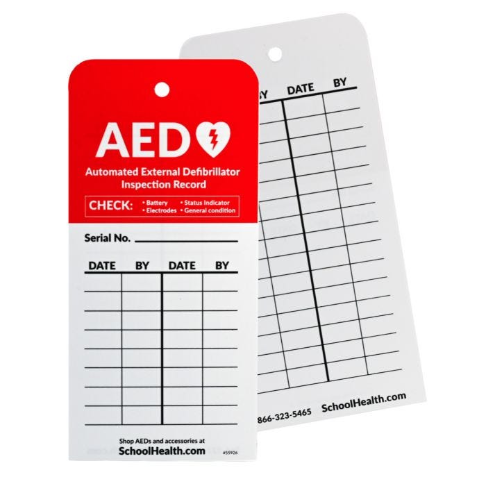 Front and back view of School Health AED Inspection Tag Front and back view of School Health AED Inspection Tag