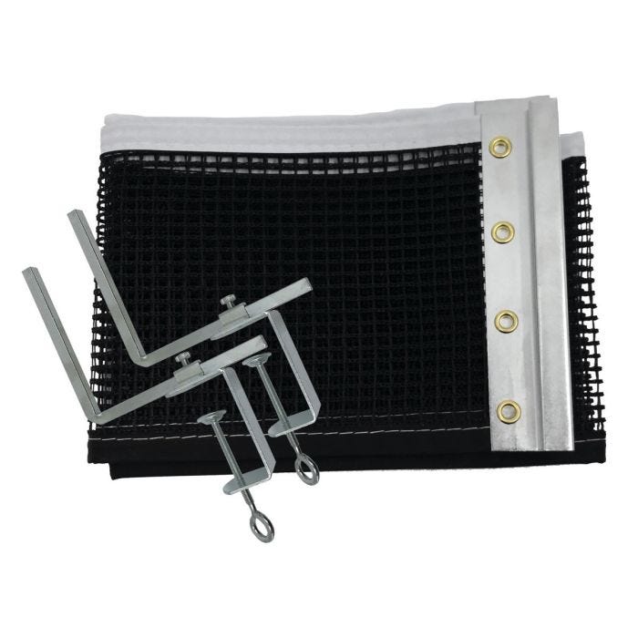 A folded black sports net with white trim; reinforced by an aluminum side band featuring multiple gold grommets. Includes metal clamp attachments. A folded black sports net with white trim; reinforced by an aluminum side band featuring multiple gold grommets. Includes metal clamp attachments.