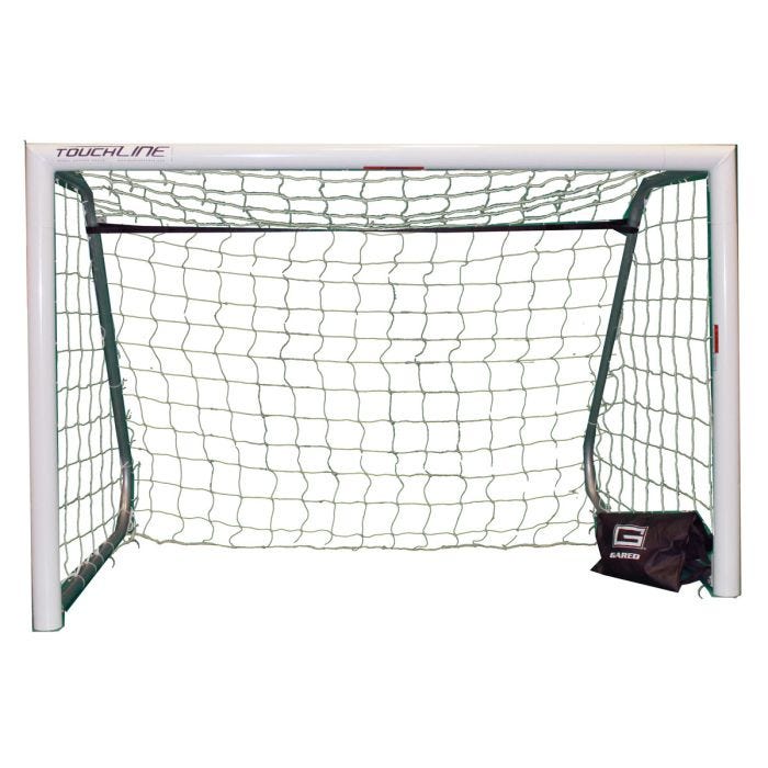 A white soccer goal with a white net, reinforced with a sturdy metal frame. A black Gared-branded weight bag is positioned at the bottom right corner for added stability. A white soccer goal with a white net, reinforced with a sturdy metal frame. A black Gared-branded weight bag is positioned at the bottom right corner for added stability.