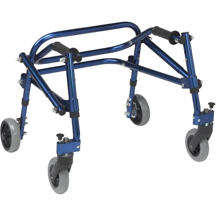 view of the extra small nimbo posterior walker with 5 inch soft rubber wheels; front wheel swivel lock; one directional rear wheels; walker features height adjustable frame for growth. view of the extra small nimbo posterior walker with 5 inch soft rubber wheels; front wheel swivel lock; one directional rear wheels; walker features height adjustable frame for growth.