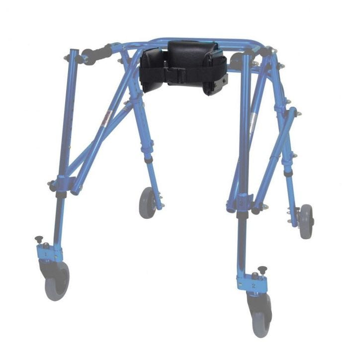 front view of the nimbo posterior walker pelvic stabilizer featuring a back and lateral pads with a support belt for standing or walking. 