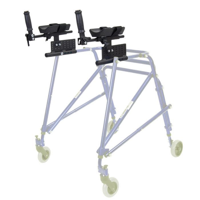 side view pair of nimbo posterior walker small forearm platforms in black attached to walker.
