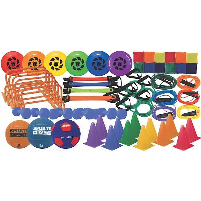 A colorful assortment of physical education equipment, including agility hurdles, bean bags, resistance bands, cones, jump ropes, poly spots, reaction balls, and training discs. A colorful assortment of physical education equipment, including agility hurdles, bean bags, resistance bands, cones, jump ropes, poly spots, reaction balls, and training discs.