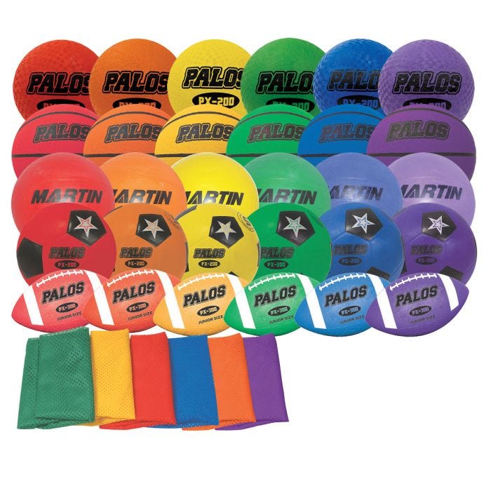 Five rows of colorful sports balls and one row of mesh bags. Each row has a quantity of 6 with 6 rainbow colors. From top to bottom: playground balls, basketballs, volleyballs, soccer balls, footballs, mesh bags. Five rows of colorful sports balls and one row of mesh bags. Each row has a quantity of 6 with 6 rainbow colors. From top to bottom: playground balls, basketballs, volleyballs, soccer balls, footballs, mesh bags.