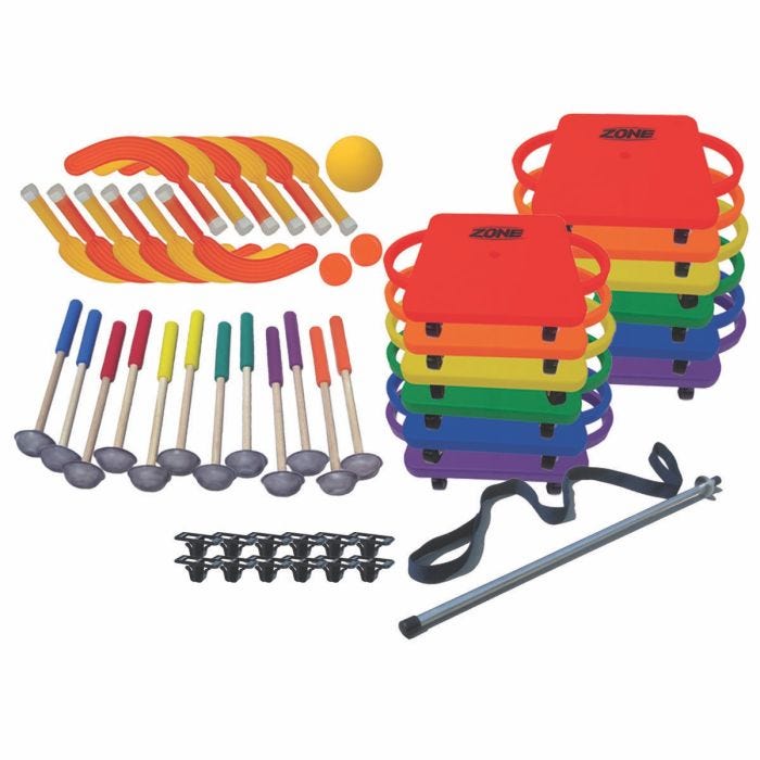 A vibrant set of physical education equipment designed for group activities. The set includes colorful 12" scooters with handles, rainbow-colored paddles, hockey sticks, pucks, balls, scooter connecting links and a storage pole. A vibrant set of physical education equipment designed for group activities. The set includes colorful 12" scooters with handles, rainbow-colored paddles, hockey sticks, pucks, balls, scooter connecting links and a storage pole.