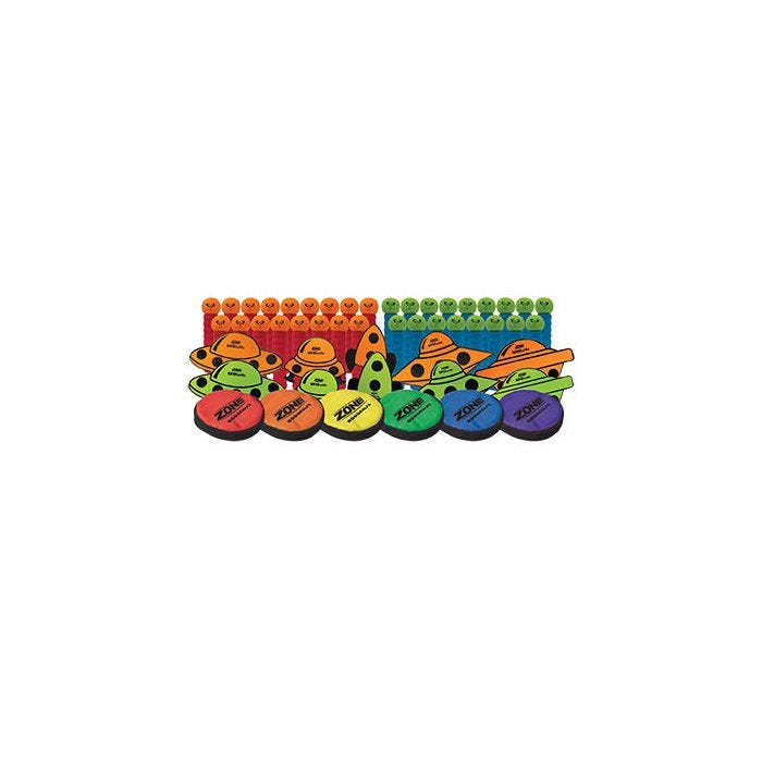 A game featuring a vibrant collection of equipment including foam bowling-style pins with smiley faces in red, orange, green, and blue; brightly colored UFO-shaped objects; and matching fabric discs labeled "Zone." A game featuring a vibrant collection of equipment including foam bowling-style pins with smiley faces in red, orange, green, and blue; brightly colored UFO-shaped objects; and matching fabric discs labeled "Zone."