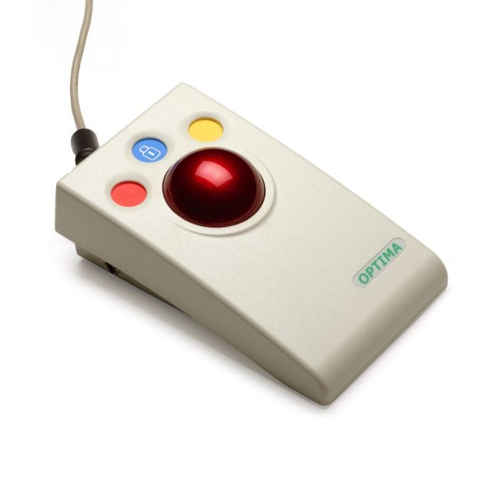 Optima Rollerball shown with three buttons (red, blue, and yellow) at the top that are sub-flush to prevent accidental activation. Large red ball is centered on the rollerball. Wire is attached at the top for easy plug and play. Optima Rollerball shown with three buttons (red, blue, and yellow) at the top that are sub-flush to prevent accidental activation. Large red ball is centered on the rollerball. Wire is attached at the top for easy plug and play.