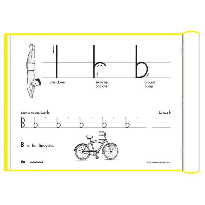 An open page within the my printing book workbook for first grade students showing an illustration of a person diving and instructions of how to write a lowercase "l", "r" and "b". 