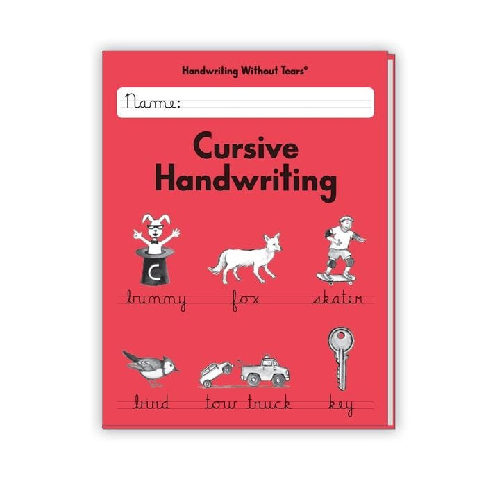 Close view of handwriting without tears, cursive handwriting workbook with a coral cover for third grade students. The activities facilitate an easy transition from printing to cursive, combined with handwriting instructions and language arts activities. 