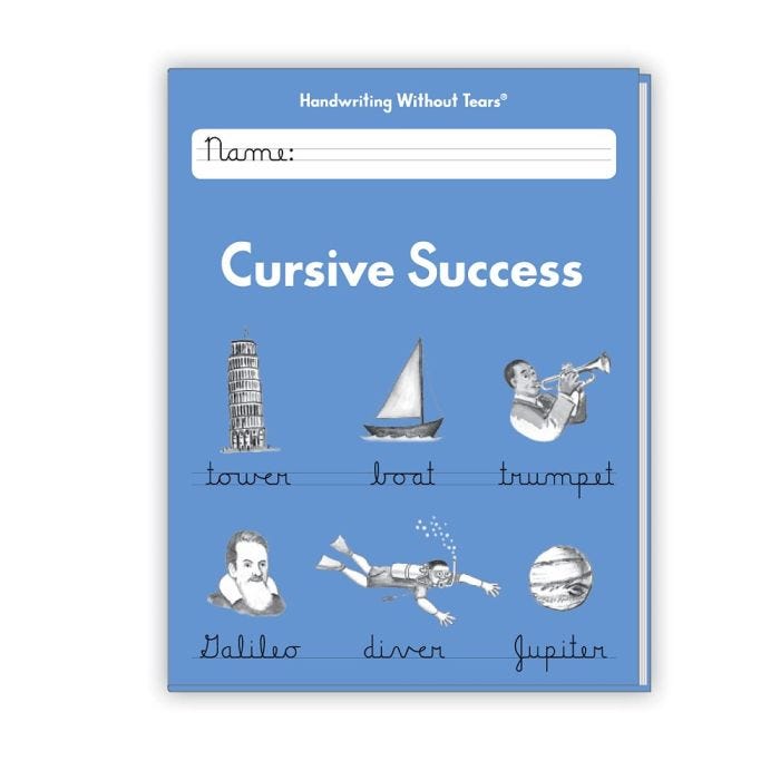 Close view of handwriting without tears, cursive success workbook with a blue cover for fourth grade students. The activities pages promote fluency with more advance language arts activities. 