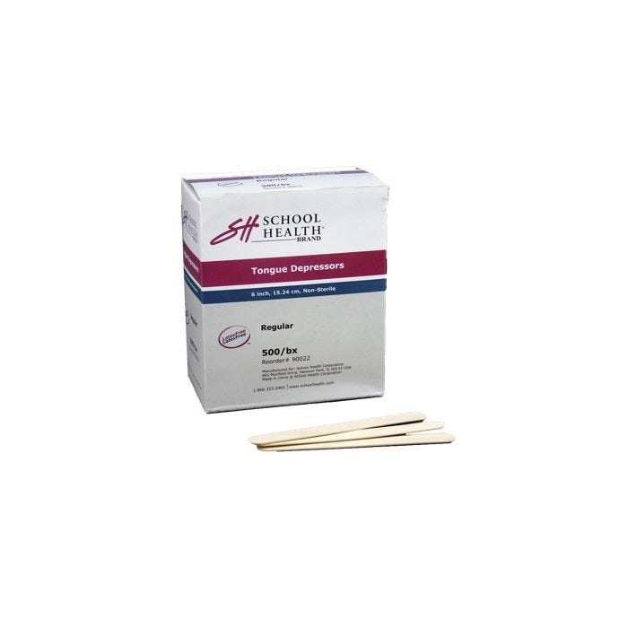 Front view of box of 500 Non-Sterile, Regular School Health Tongue Depressors Front view of box of 500 Non-Sterile, Regular School Health Tongue Depressors