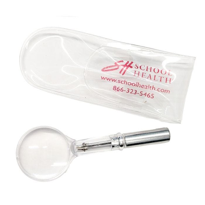 Clear School Health pouch and small magnifying glass with eyeglass kit inside the handle. Clear School Health pouch and small magnifying glass with eyeglass kit inside the handle.