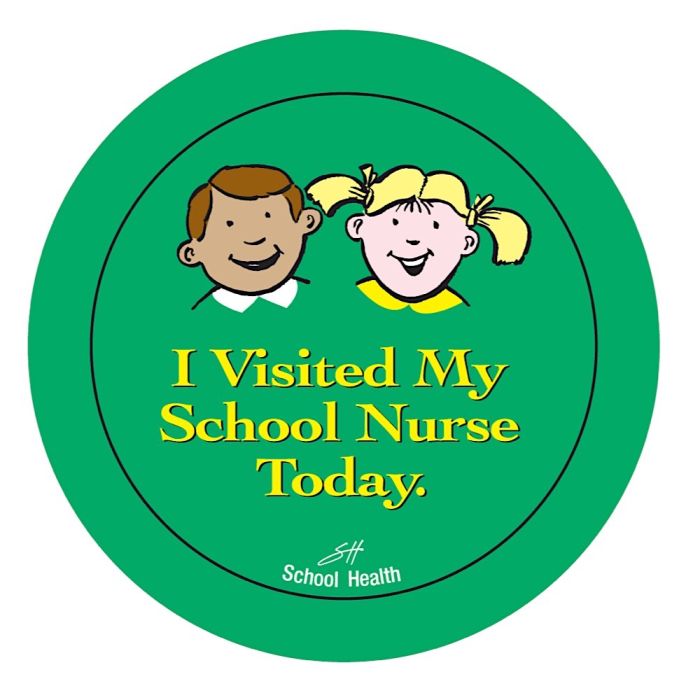 The green sticker has an illustration of a child with pigtails and the text "I Visited My School Nurse Today." The green sticker has an illustration of a child with pigtails and the text "I Visited My School Nurse Today."