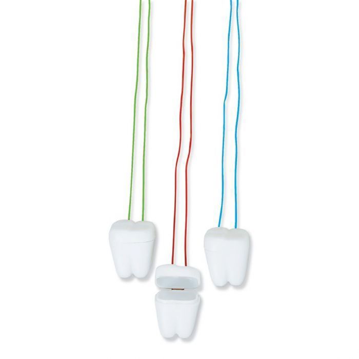 White tooth-shaped containers with a hinged lid that opens, hanging from colored strings. The strings are green, red, blue, and light blue. White tooth-shaped containers with a hinged lid that opens, hanging from colored strings. The strings are green, red, blue, and light blue.