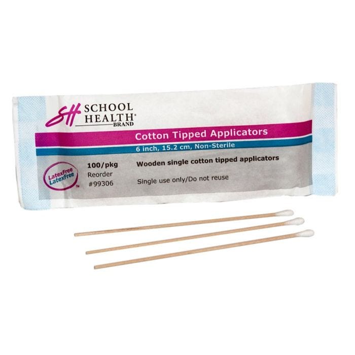 Front view of package of 100 Non-Sterile 6" Length School Health Brand Cotton-Tipped Applicators Front view of package of 100 Non-Sterile 6" Length School Health Brand Cotton-Tipped Applicators
