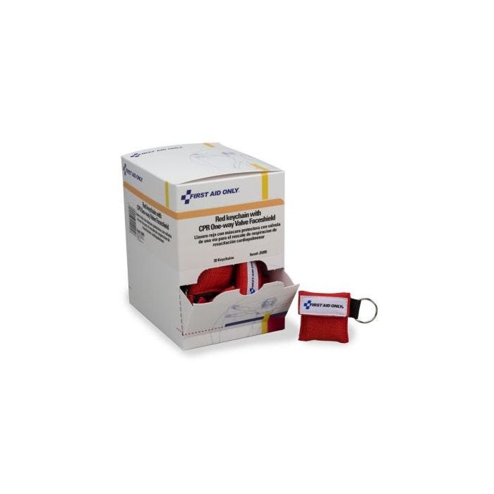 Front view of open box of CPR One-Way Valve Faceshield Keychain, Each Front view of open box of CPR One-Way Valve Faceshield Keychain, Each