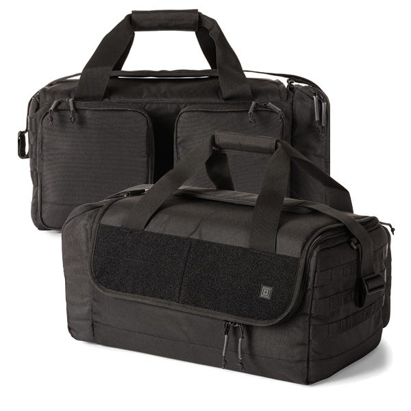 Two black duffle bags with handles, velcro, shoulder strap, pockets, and side MOLLE.
