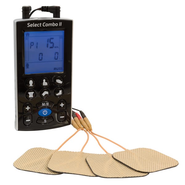 Black device with large screen that lights up blue. Four beige pad attachments are connected to the wires that are plugged into the device.