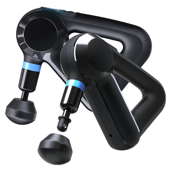 Two black Theragun Elite devices with a light blue strip. Dampener attachment is removed to show the device's ability to switch heads for a custom treatment.