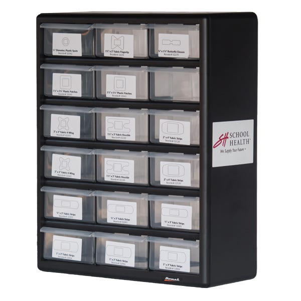 Black cabinet with 18 clear drawers containing an assortment of School Health adhesive bandages.